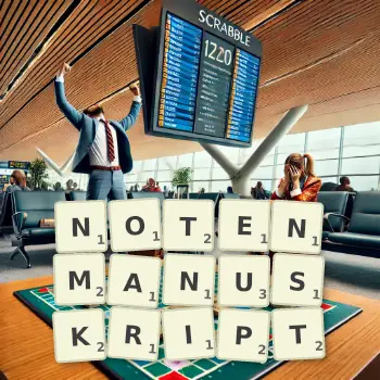 Kreative Illustration für ein Scrabble-Spiel, bei dem das Wort NOTENMANUSKRIPT mit Steinen auf dem Brett gelegt wurde.