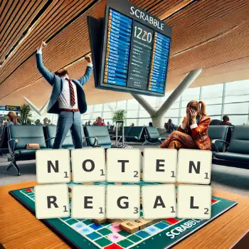 Kreative Illustration für ein Scrabble-Spiel, bei dem das Wort NOTENREGAL mit Steinen auf dem Brett gelegt wurde.