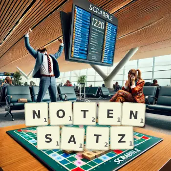 Kreative Illustration für ein Scrabble-Spiel, bei dem das Wort NOTENSATZ mit Steinen auf dem Brett gelegt wurde.