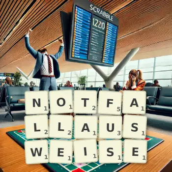 Kreative Illustration für ein Scrabble-Spiel, bei dem das Wort NOTFALLAUSWEISE mit Steinen auf dem Brett gelegt wurde.