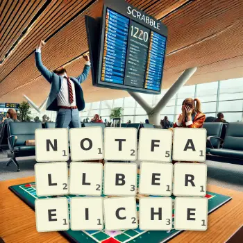 Kreative Illustration für ein Scrabble-Spiel, bei dem das Wort NOTFALLBEREICHE mit Steinen auf dem Brett gelegt wurde.