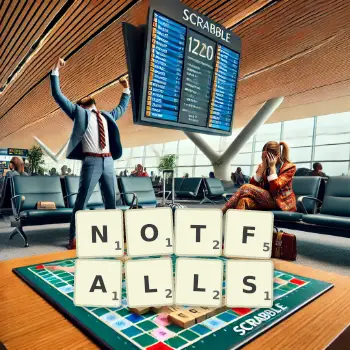 Kreative Illustration für ein Scrabble-Spiel, bei dem das Wort NOTFALLS mit Steinen auf dem Brett gelegt wurde.