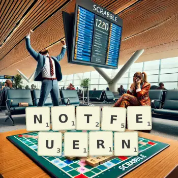 Kreative Illustration für ein Scrabble-Spiel, bei dem das Wort NOTFEUERN mit Steinen auf dem Brett gelegt wurde.