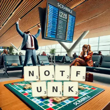Kreative Illustration für ein Scrabble-Spiel, bei dem das Wort NOTFUNK mit Steinen auf dem Brett gelegt wurde.