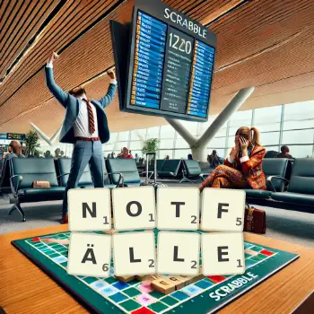 Kreative Illustration für ein Scrabble-Spiel, bei dem das Wort NOTFÄLLE mit Steinen auf dem Brett gelegt wurde.