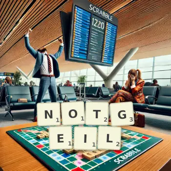 Kreative Illustration für ein Scrabble-Spiel, bei dem das Wort NOTGEIL mit Steinen auf dem Brett gelegt wurde.
