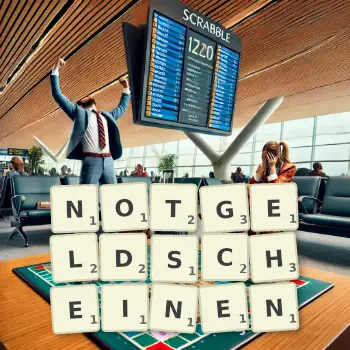 Kreative Illustration für ein Scrabble-Spiel, bei dem das Wort NOTGELDSCHEINEN mit Steinen auf dem Brett gelegt wurde.