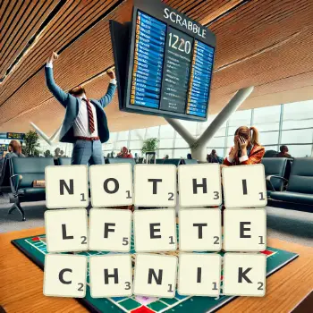 Kreative Illustration für ein Scrabble-Spiel, bei dem das Wort NOTHILFETECHNIK mit Steinen auf dem Brett gelegt wurde.