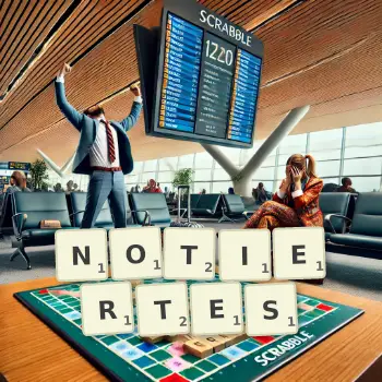 Kreative Illustration für ein Scrabble-Spiel, bei dem das Wort NOTIERTES mit Steinen auf dem Brett gelegt wurde.
