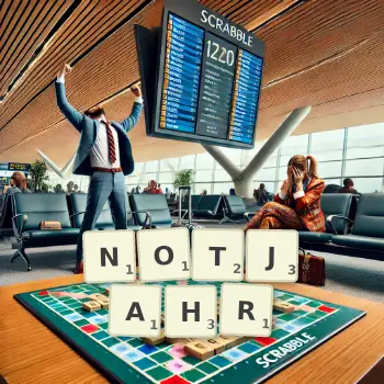Kreative Illustration für ein Scrabble-Spiel, bei dem das Wort NOTJAHR mit Steinen auf dem Brett gelegt wurde.