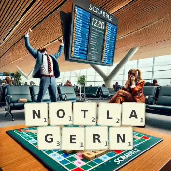 Kreative Illustration für ein Scrabble-Spiel, bei dem das Wort NOTLAGERN mit Steinen auf dem Brett gelegt wurde.