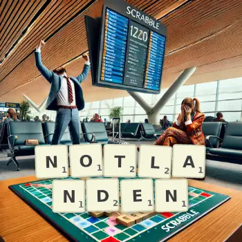 Kreative Illustration für ein Scrabble-Spiel, bei dem das Wort NOTLANDEN mit Steinen auf dem Brett gelegt wurde.