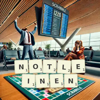 Kreative Illustration für ein Scrabble-Spiel, bei dem das Wort NOTLEINEN mit Steinen auf dem Brett gelegt wurde.