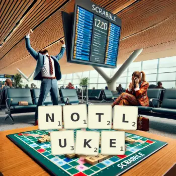 Kreative Illustration für ein Scrabble-Spiel, bei dem das Wort NOTLUKE mit Steinen auf dem Brett gelegt wurde.