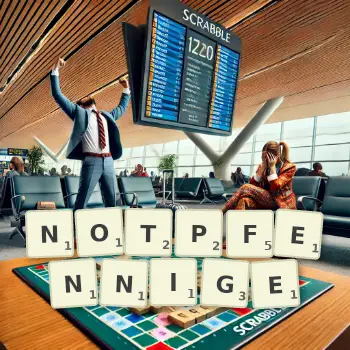 Kreative Illustration für ein Scrabble-Spiel, bei dem das Wort NOTPFENNIGE mit Steinen auf dem Brett gelegt wurde.