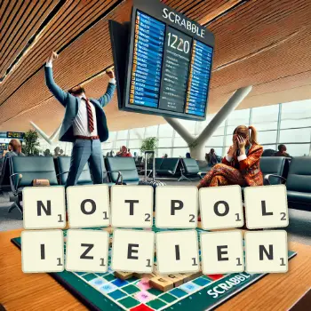 Kreative Illustration für ein Scrabble-Spiel, bei dem das Wort NOTPOLIZEIEN mit Steinen auf dem Brett gelegt wurde.