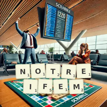 Kreative Illustration für ein Scrabble-Spiel, bei dem das Wort NOTREIFEM mit Steinen auf dem Brett gelegt wurde.