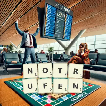 Kreative Illustration für ein Scrabble-Spiel, bei dem das Wort NOTRUFEN mit Steinen auf dem Brett gelegt wurde.
