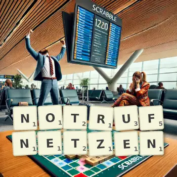 Kreative Illustration für ein Scrabble-Spiel, bei dem das Wort NOTRUFNETZEN mit Steinen auf dem Brett gelegt wurde.