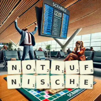 Kreative Illustration für ein Scrabble-Spiel, bei dem das Wort NOTRUFNISCHE mit Steinen auf dem Brett gelegt wurde.