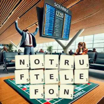 Kreative Illustration für ein Scrabble-Spiel, bei dem das Wort NOTRUFTELEFON mit Steinen auf dem Brett gelegt wurde.
