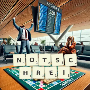 Kreative Illustration für ein Scrabble-Spiel, bei dem das Wort NOTSCHREI mit Steinen auf dem Brett gelegt wurde.