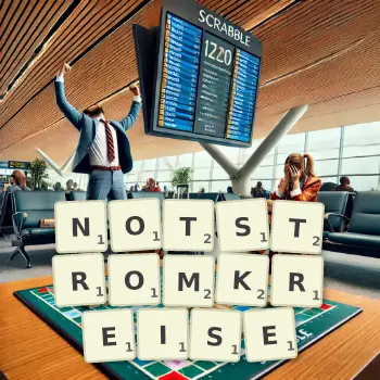Kreative Illustration für ein Scrabble-Spiel, bei dem das Wort NOTSTROMKREISE mit Steinen auf dem Brett gelegt wurde.