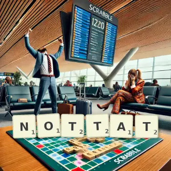 Kreative Illustration für ein Scrabble-Spiel, bei dem das Wort NOTTAT mit Steinen auf dem Brett gelegt wurde.