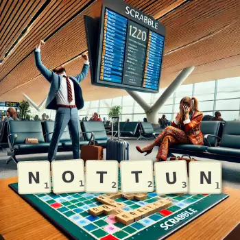 Kreative Illustration für ein Scrabble-Spiel, bei dem das Wort NOTTUN mit Steinen auf dem Brett gelegt wurde.