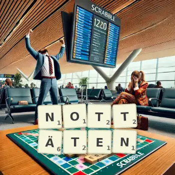 Kreative Illustration für ein Scrabble-Spiel, bei dem das Wort NOTTÄTEN mit Steinen auf dem Brett gelegt wurde.