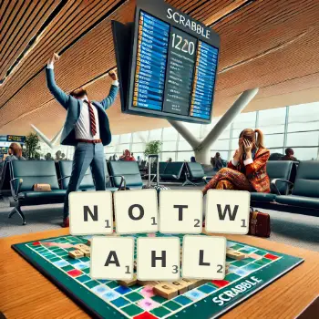 Kreative Illustration für ein Scrabble-Spiel, bei dem das Wort NOTWAHL mit Steinen auf dem Brett gelegt wurde.