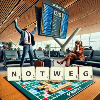 Kreative Illustration für ein Scrabble-Spiel, bei dem das Wort NOTWEG mit Steinen auf dem Brett gelegt wurde.