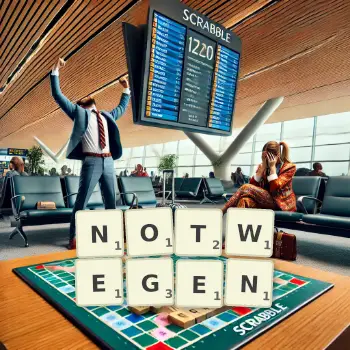 Kreative Illustration für ein Scrabble-Spiel, bei dem das Wort NOTWEGEN mit Steinen auf dem Brett gelegt wurde.