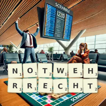 Kreative Illustration für ein Scrabble-Spiel, bei dem das Wort NOTWEHRRECHT mit Steinen auf dem Brett gelegt wurde.