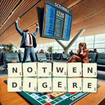Kreative Illustration für ein Scrabble-Spiel, bei dem das Wort NOTWENDIGERE mit Steinen auf dem Brett gelegt wurde.