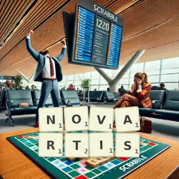 Kreative Illustration für ein Scrabble-Spiel, bei dem das Wort NOVARTIS mit Steinen auf dem Brett gelegt wurde.