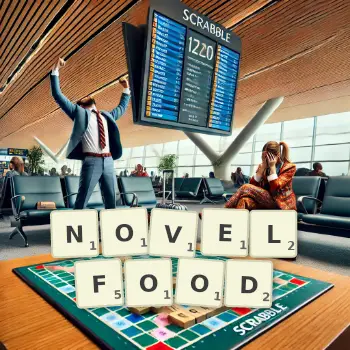 Kreative Illustration für ein Scrabble-Spiel, bei dem das Wort NOVELFOOD mit Steinen auf dem Brett gelegt wurde.