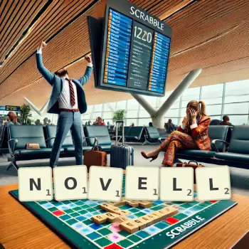 Kreative Illustration für ein Scrabble-Spiel, bei dem das Wort NOVELL mit Steinen auf dem Brett gelegt wurde.