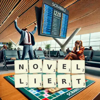 Kreative Illustration für ein Scrabble-Spiel, bei dem das Wort NOVELLIERT mit Steinen auf dem Brett gelegt wurde.