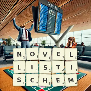 Kreative Illustration für ein Scrabble-Spiel, bei dem das Wort NOVELLISTISCHEM mit Steinen auf dem Brett gelegt wurde.
