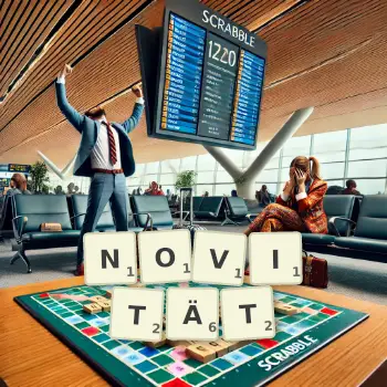 Kreative Illustration für ein Scrabble-Spiel, bei dem das Wort NOVITÄT mit Steinen auf dem Brett gelegt wurde.
