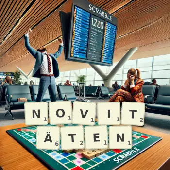 Kreative Illustration für ein Scrabble-Spiel, bei dem das Wort NOVITÄTEN mit Steinen auf dem Brett gelegt wurde.