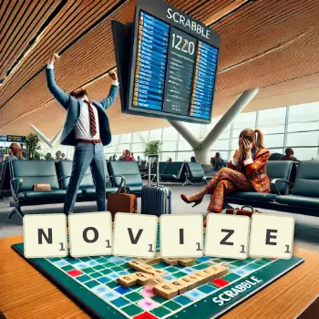 Kreative Illustration für ein Scrabble-Spiel, bei dem das Wort NOVIZE mit Steinen auf dem Brett gelegt wurde.