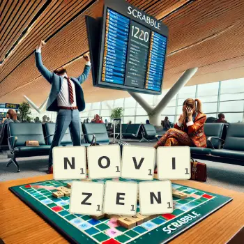 Kreative Illustration für ein Scrabble-Spiel, bei dem das Wort NOVIZEN mit Steinen auf dem Brett gelegt wurde.