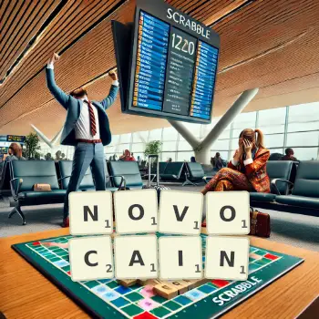 Kreative Illustration für ein Scrabble-Spiel, bei dem das Wort NOVOCAIN mit Steinen auf dem Brett gelegt wurde.