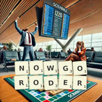 Kreative Illustration für ein Scrabble-Spiel, bei dem das Wort NOWGORODER mit Steinen auf dem Brett gelegt wurde.