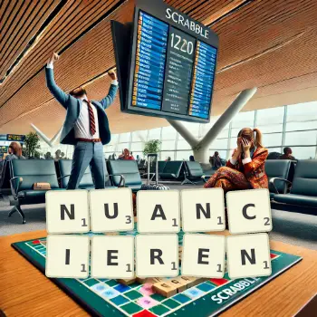Kreative Illustration für ein Scrabble-Spiel, bei dem das Wort NUANCIEREN mit Steinen auf dem Brett gelegt wurde.
