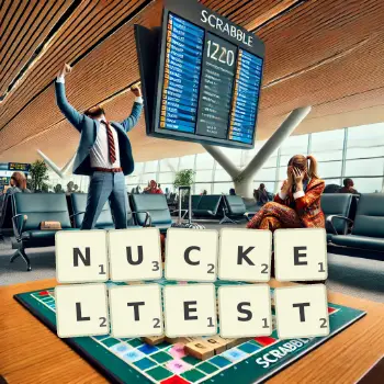 Kreative Illustration für ein Scrabble-Spiel, bei dem das Wort NUCKELTEST mit Steinen auf dem Brett gelegt wurde.