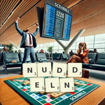 Kreative Illustration für ein Scrabble-Spiel, bei dem das Wort NUDDELN mit Steinen auf dem Brett gelegt wurde.