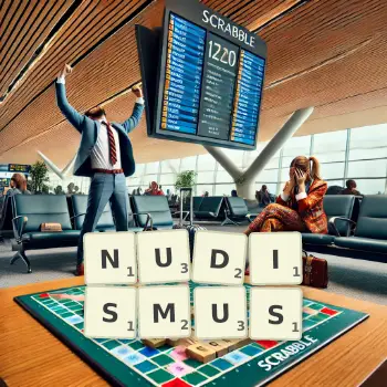 Kreative Illustration für ein Scrabble-Spiel, bei dem das Wort NUDISMUS mit Steinen auf dem Brett gelegt wurde.